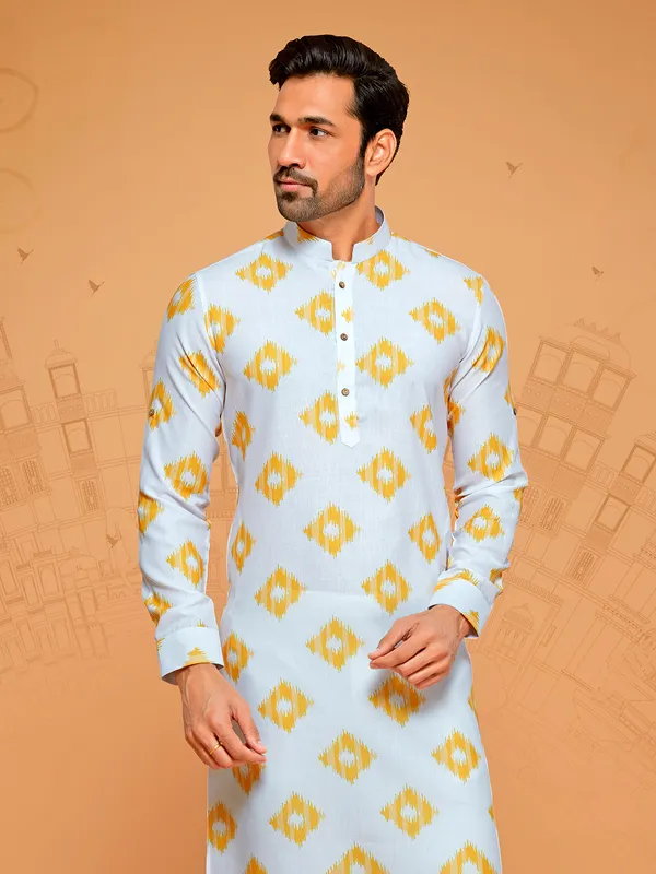 White and yellow cotton kurta set