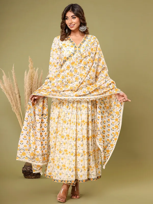 White and yellow cotton kurti set