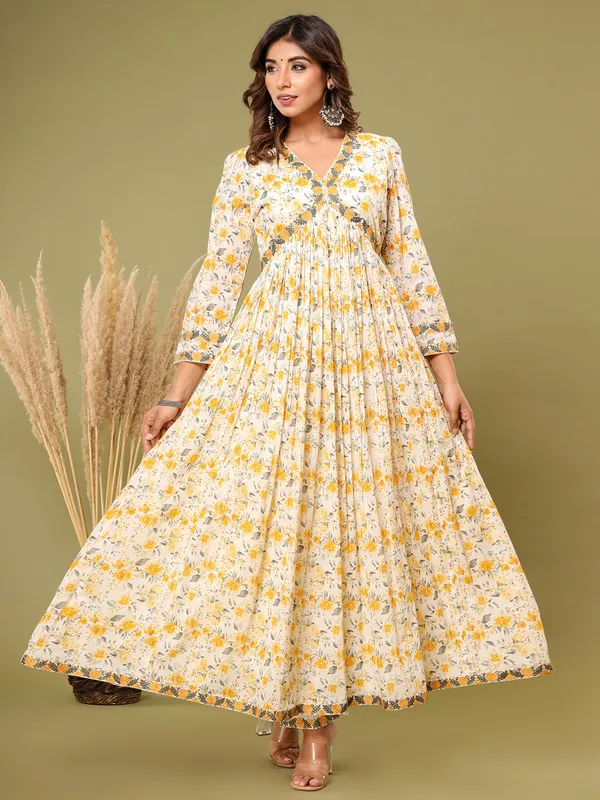 White and yellow cotton kurti set