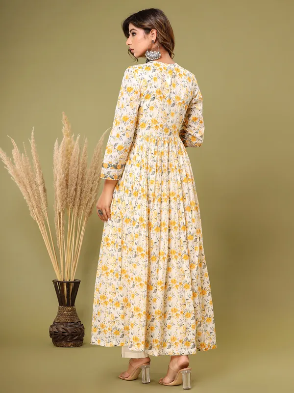 White and yellow cotton kurti set