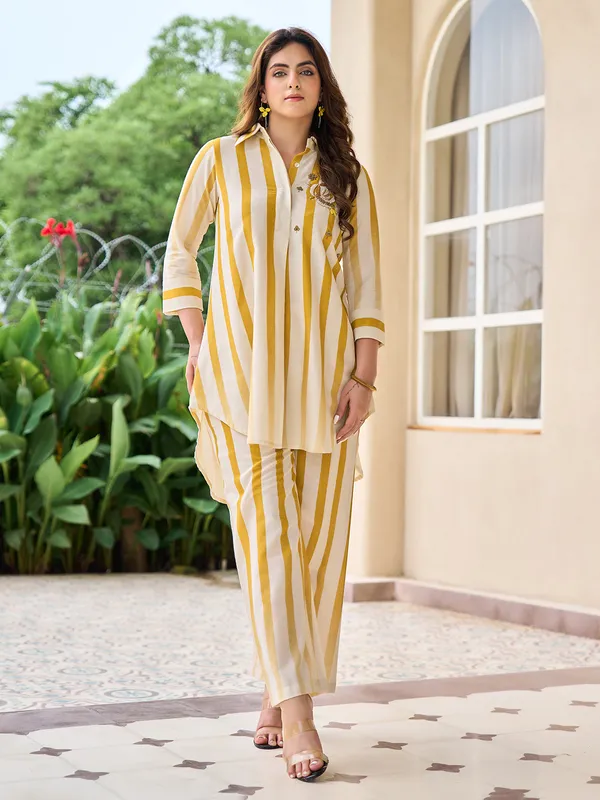 White and yellow cotton kurti set for casual