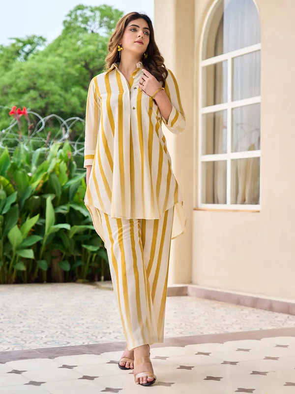 White and yellow cotton kurti set for casual