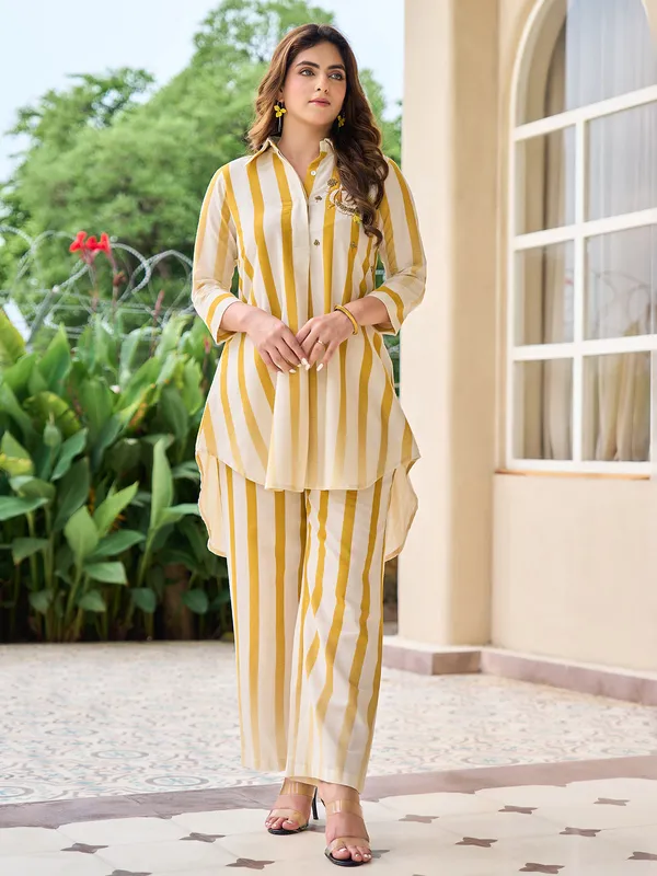 White and yellow cotton kurti set for casual