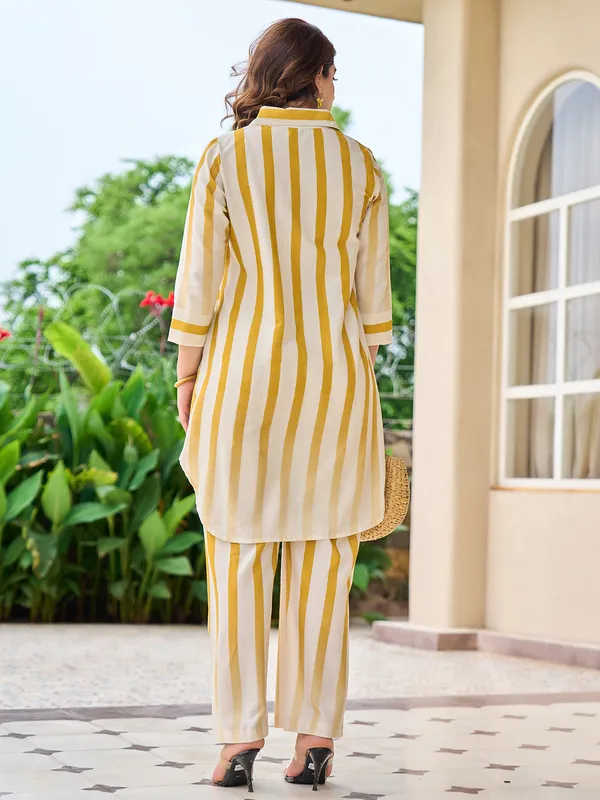 White and yellow cotton kurti set for casual