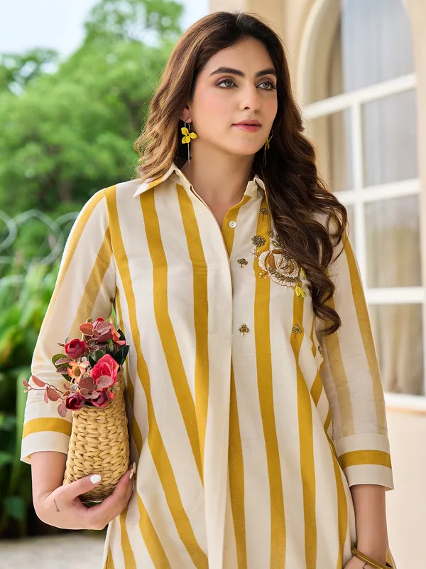 White and yellow cotton kurti set for casual