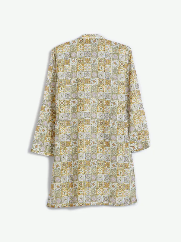 White and yellow cotton printed kurta suit