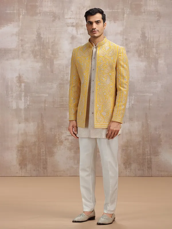 White and Yellow georgette men indowestern set set