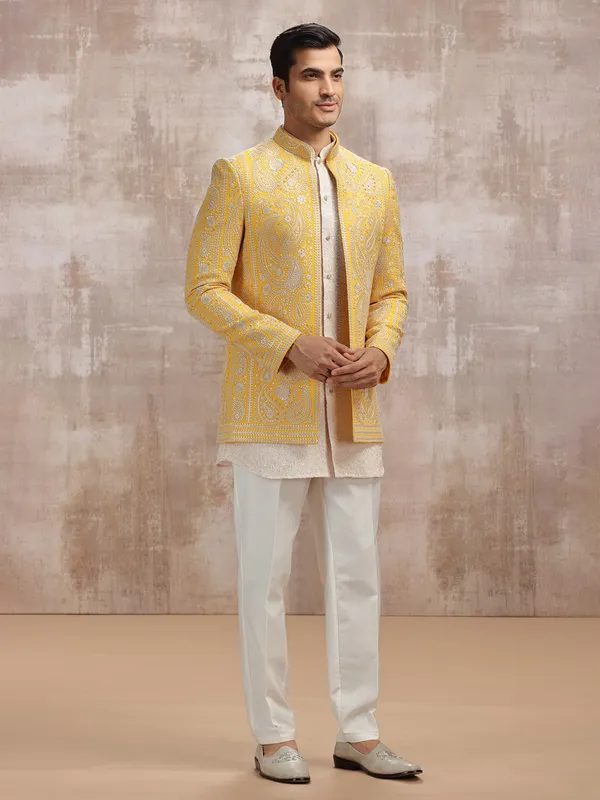 White and Yellow georgette men indowestern set set