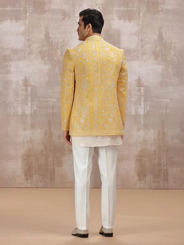 White and Yellow georgette men indowestern set set