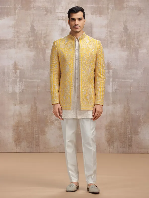 White and Yellow georgette men indowestern set set
