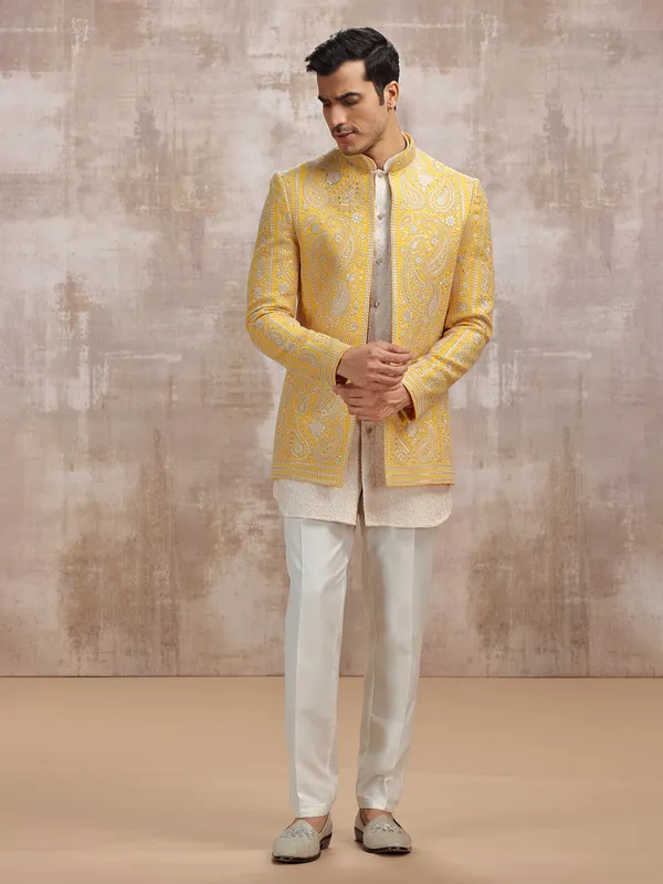 White and Yellow georgette men indowestern set set