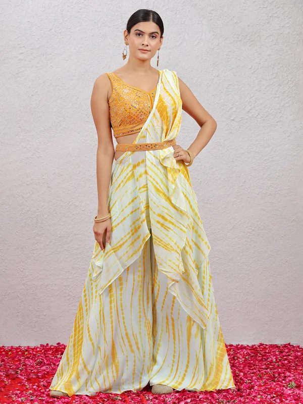White and yellow georgette palazzo suit