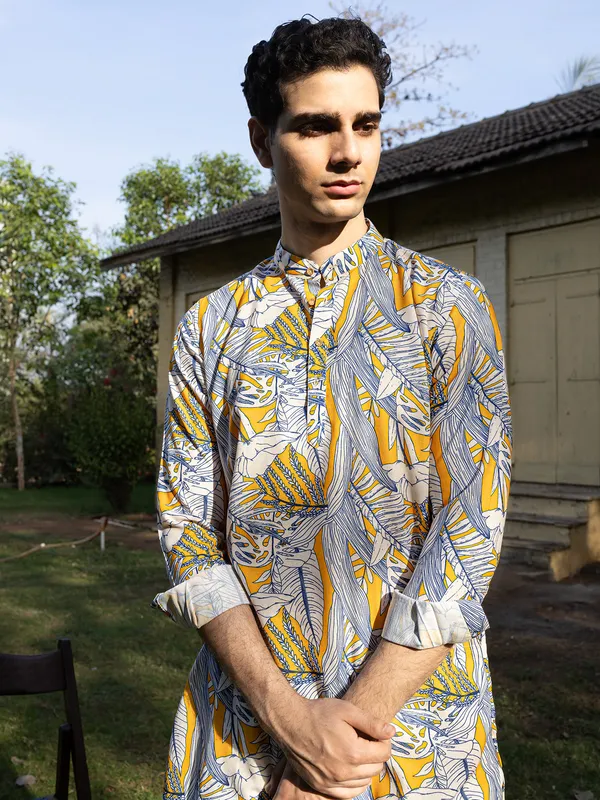White and yellow kurta set with print