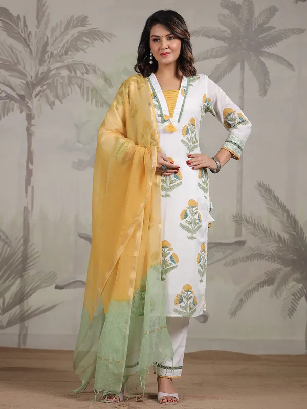 White and yellow printed cotton kurti set