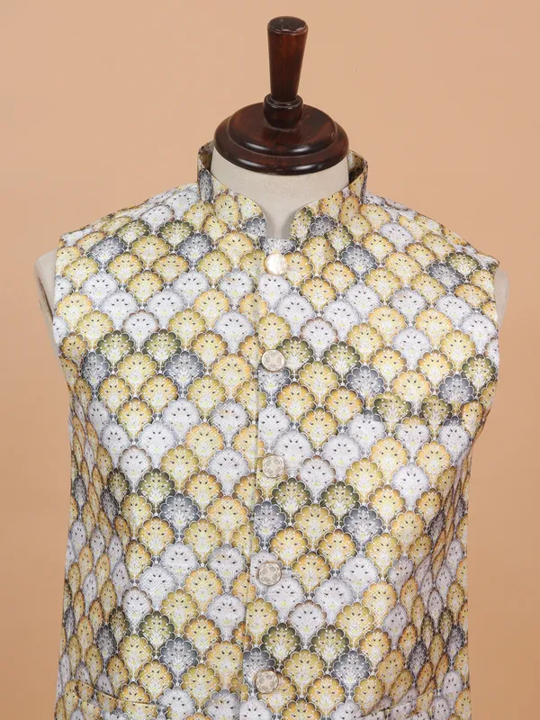White and yellow printed cotton silk waistcoat