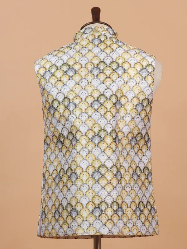 White and yellow printed cotton silk waistcoat