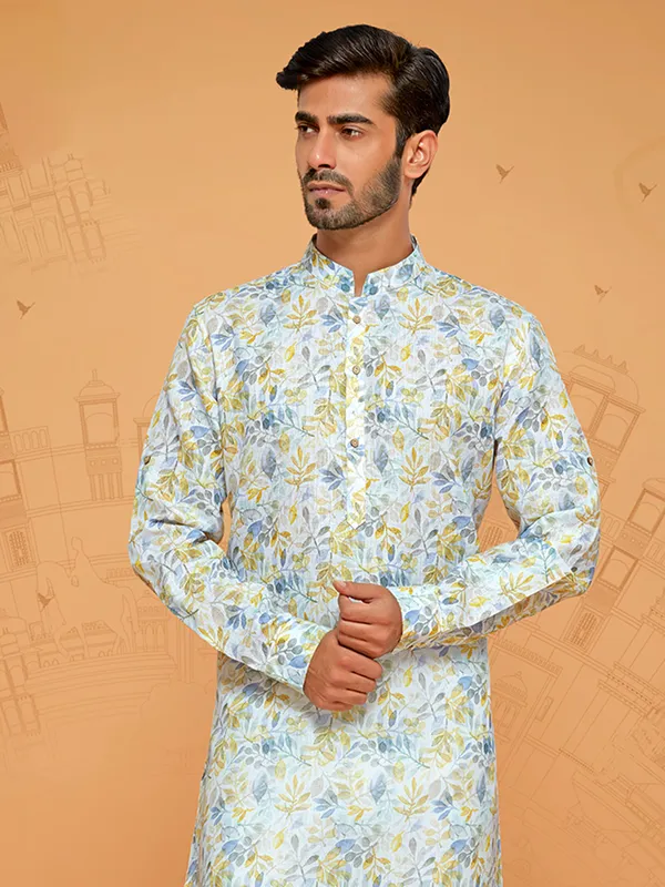 White and yellow printed kurta suit for men