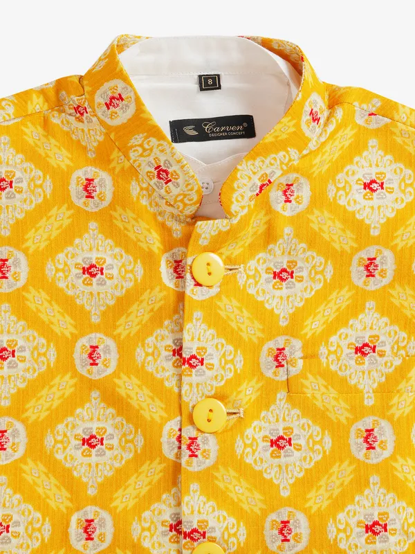 White and yellow printed waistcoat set