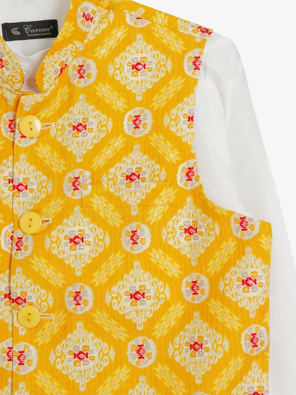 White and yellow printed waistcoat set