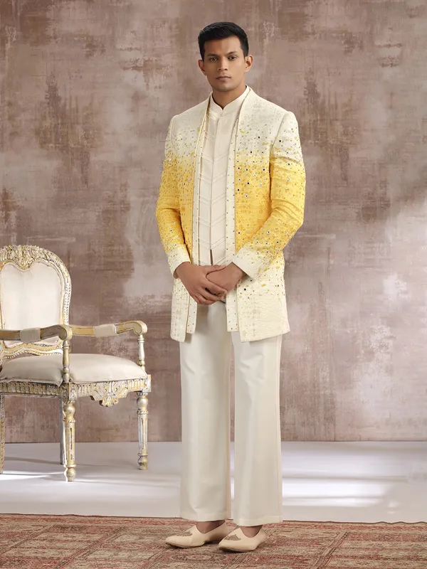White and yellow shaded silk indo western