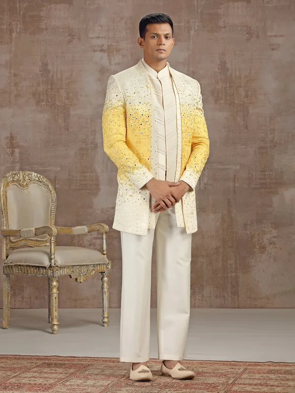 White and yellow shaded silk indo western