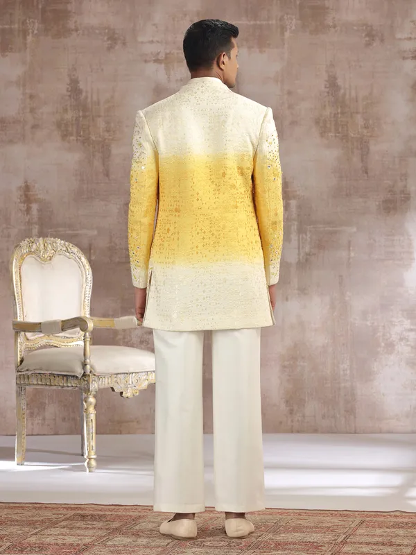 White and yellow shaded silk indo western