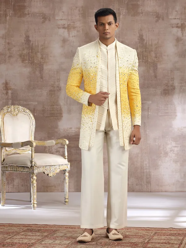 White and yellow shaded silk indo western