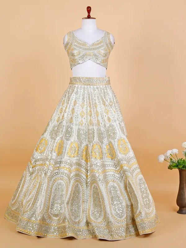 White and yellow silk lehenga choli