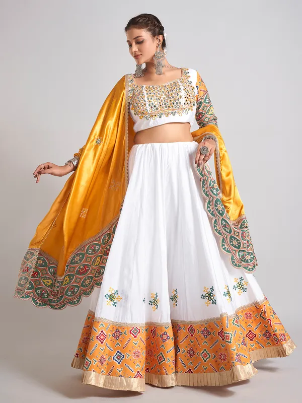 White and yellow silk navratri wear chaniya choli