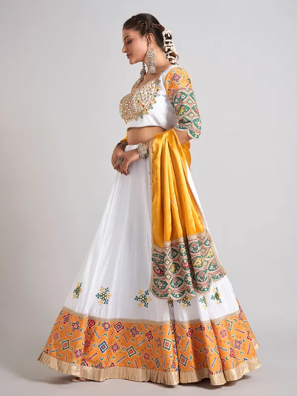 White and yellow silk navratri wear chaniya choli