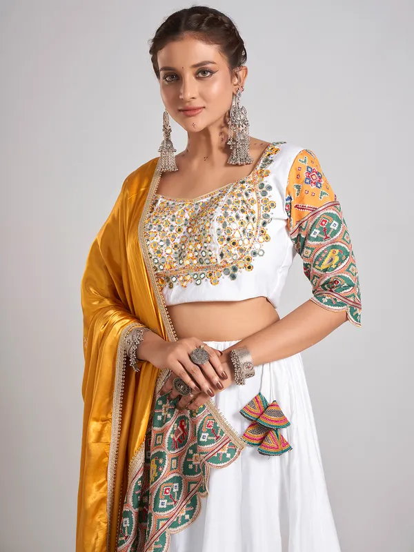 White and yellow silk navratri wear chaniya choli