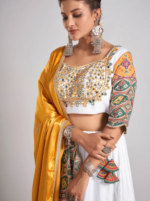 White and yellow silk navratri wear chaniya choli