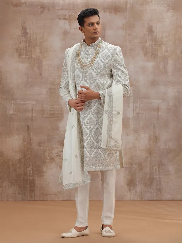 White art silk groom sherwani with dupatta