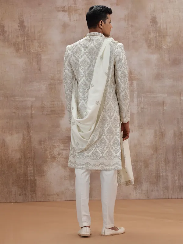 White art silk groom sherwani with dupatta
