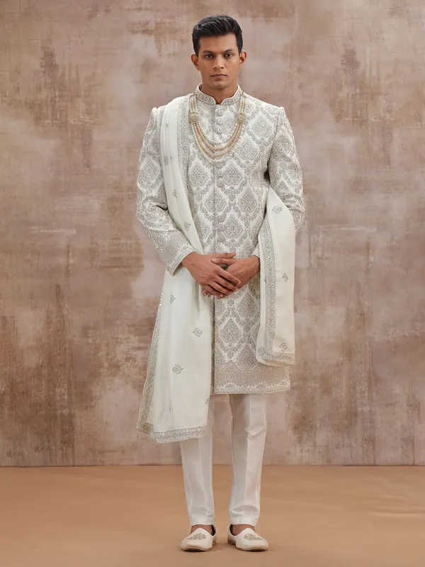 White art silk groom sherwani with dupatta