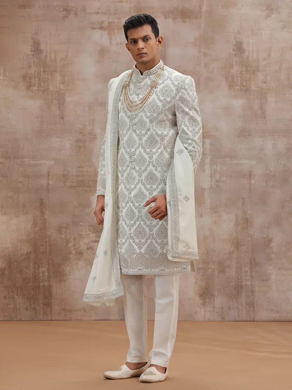 White art silk groom sherwani with dupatta