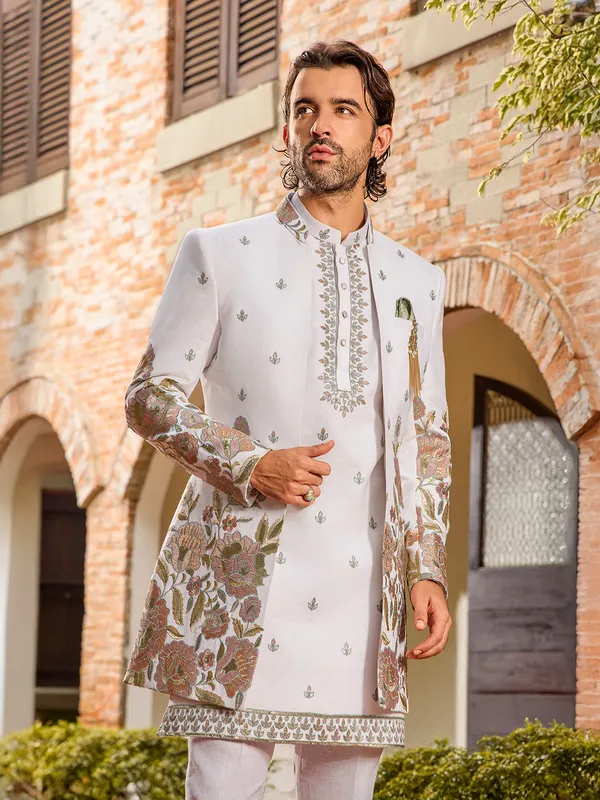White art silk sequins embroidered indo western jacket
