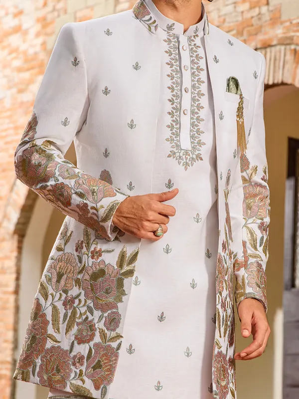 White art silk sequins embroidered indo western jacket