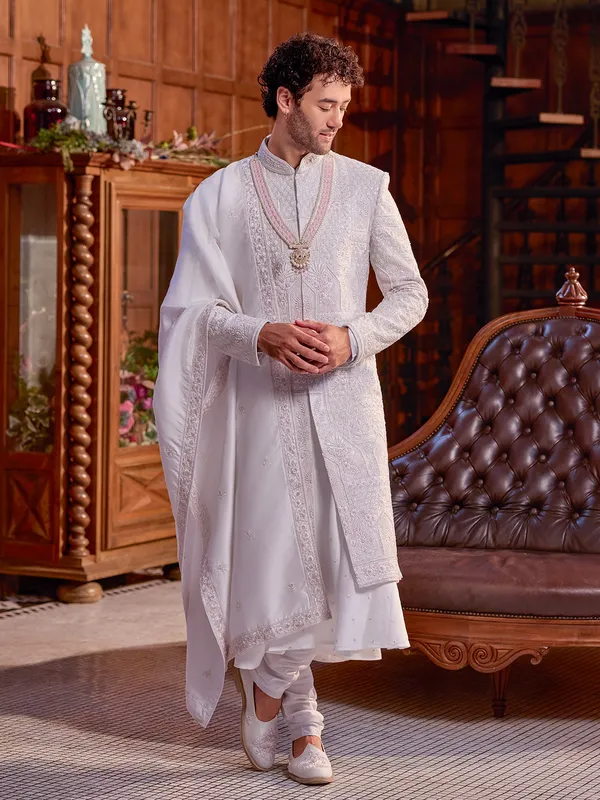 White art silk sherwani of elegance