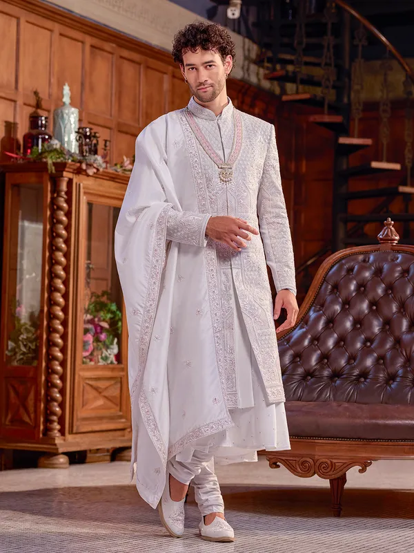 White art silk sherwani of elegance