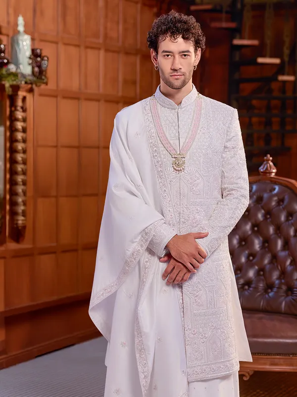 White art silk sherwani of elegance