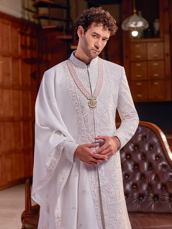 White art silk sherwani of elegance