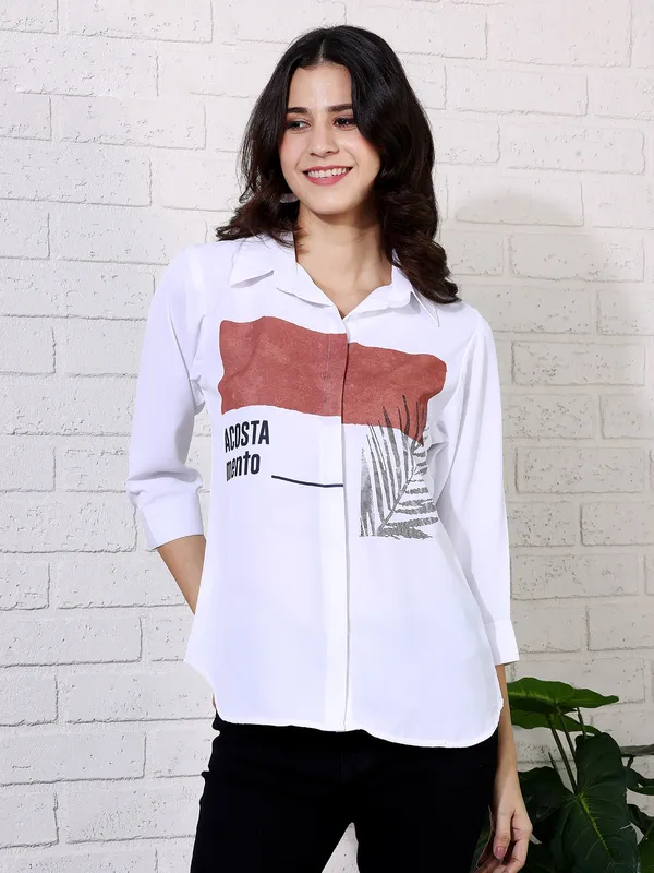 White casual printed rayon cotton shirt