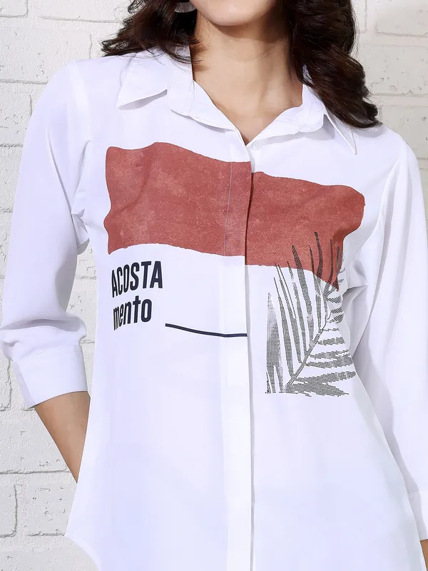 White casual printed rayon cotton shirt