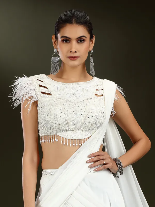 White chiffon designer lehenga choli with attached dupatta