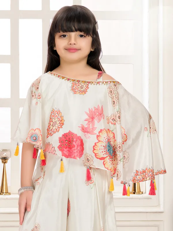 White chiffon silk palazzo suit with floral print