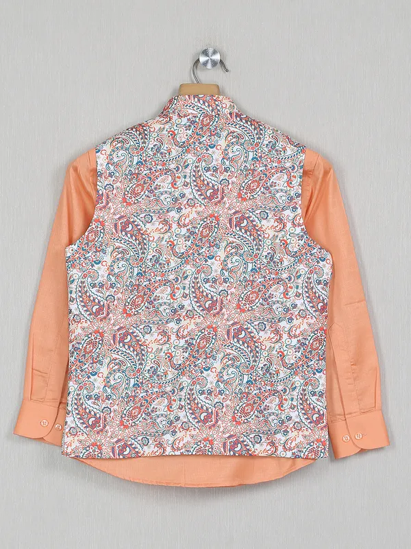 White color printed cotton silk waistcoat with shirt