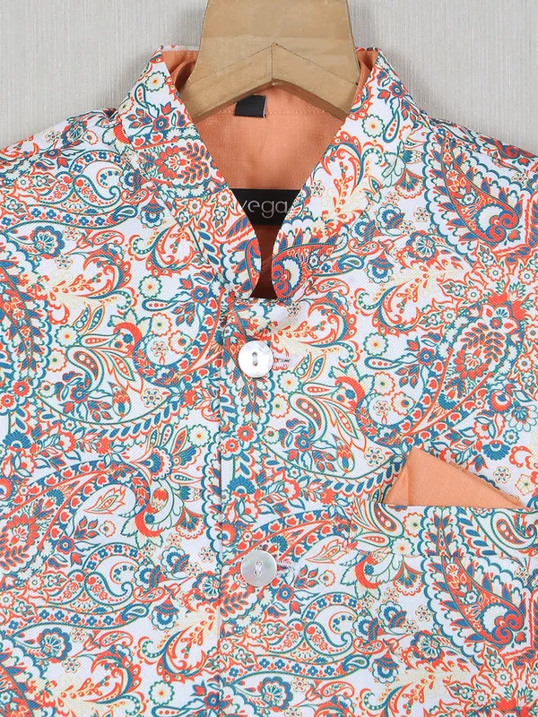 White color printed cotton silk waistcoat with shirt