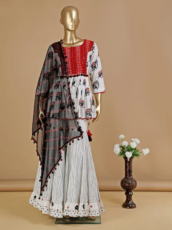 White cotton animal printed sharara suit