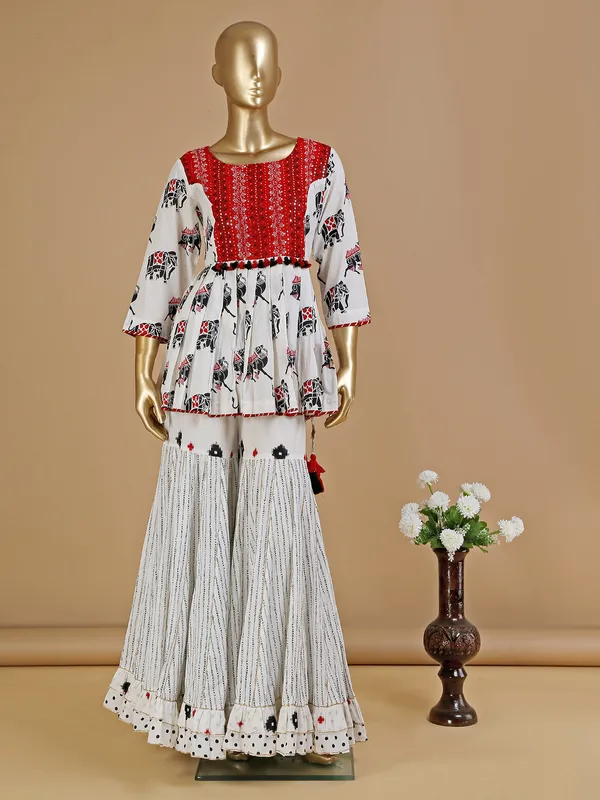 White cotton animal printed sharara suit